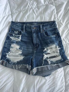 American Eagle Outfitters Blue Denim Shorts with Leather Patch